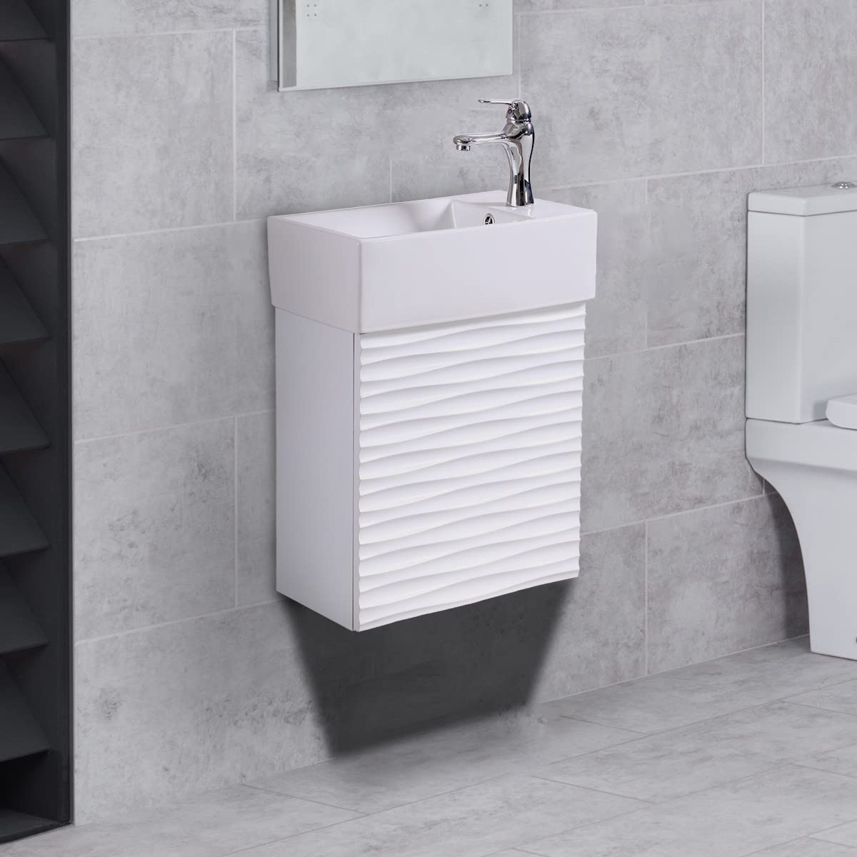 Renovators Supply Ripple Wall Mount Vanity Bathroom Sink Combo - Heavy Duty Porcelain White Vanity Cabinet with Sink, Chrome Faucet, Pop-Up Drain & Overflow - Perfect for Small Bathrooms, Powder Rooms & Space-Saving Designs