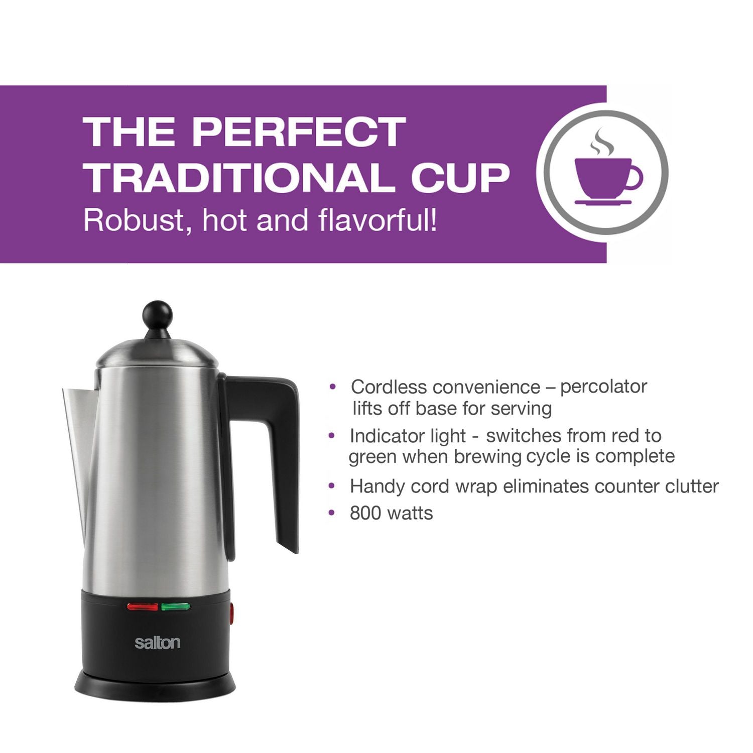 SALTON 10 Cup Stainless Steel Coffee Percolator - Classic Stovetop Brewer for Camping, Home & Office Use - Model CU1777