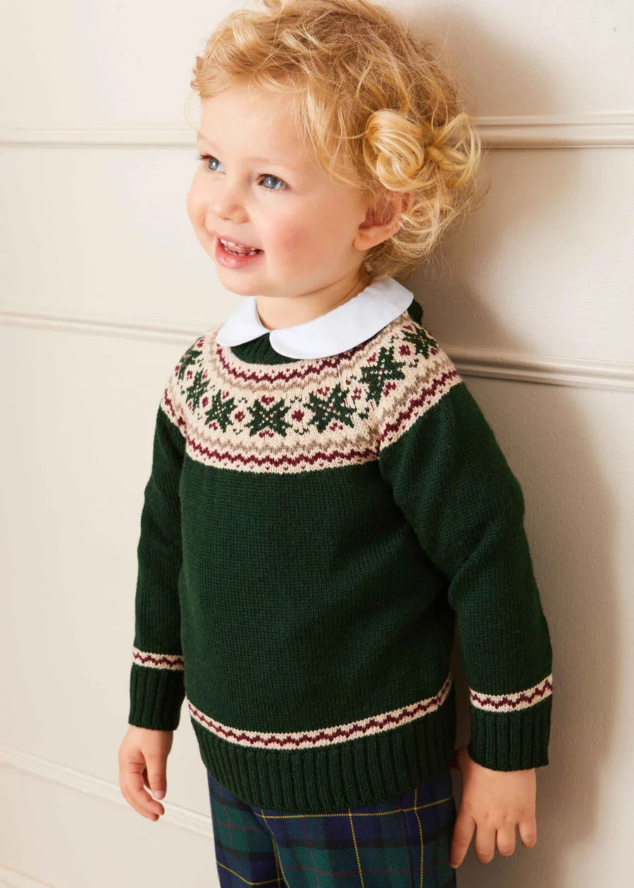 Classic Fair Isle Merino Wool Sweater for Kids - Green Knit Pullover (12 Months to 10 Years) | Warm Winter Wear for Boys & Girls | Cozy Holiday Outfit & Christmas Photoshoot