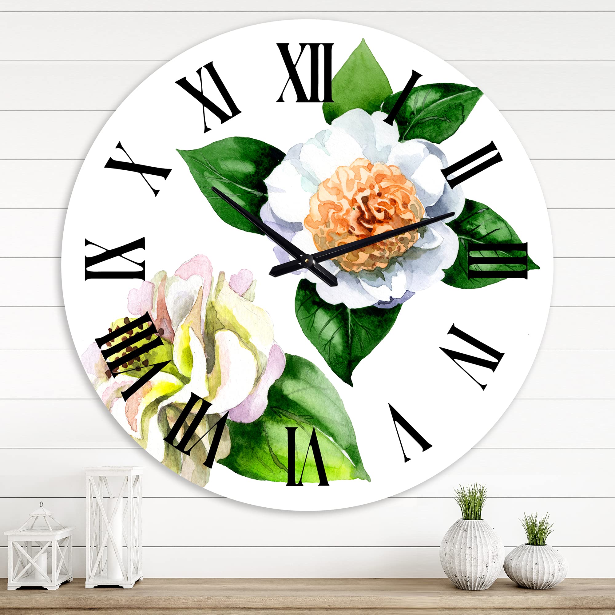 Vintage White Camellia Floral Wall Clock with Green Leaves - Large Traditional Decorative Clock for Kitchen, Living Room, Bedroom & Office Decor | Perfect Home Gift Idea