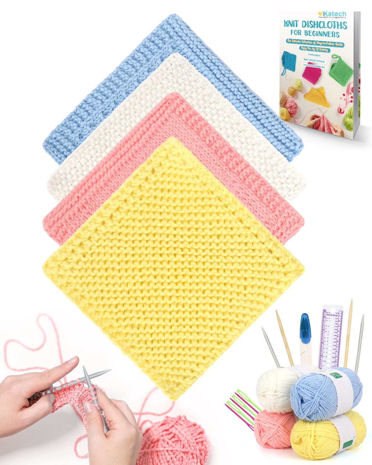 Katech Beginner Knitting Kit for Adults - Complete Set with Instruction Book, Knitting Needles & Soft Yarn - DIY Craft Kit for Learning to Make Dishcloths, Scarves & Home Decor - Perfect Gift for Craft Lovers
