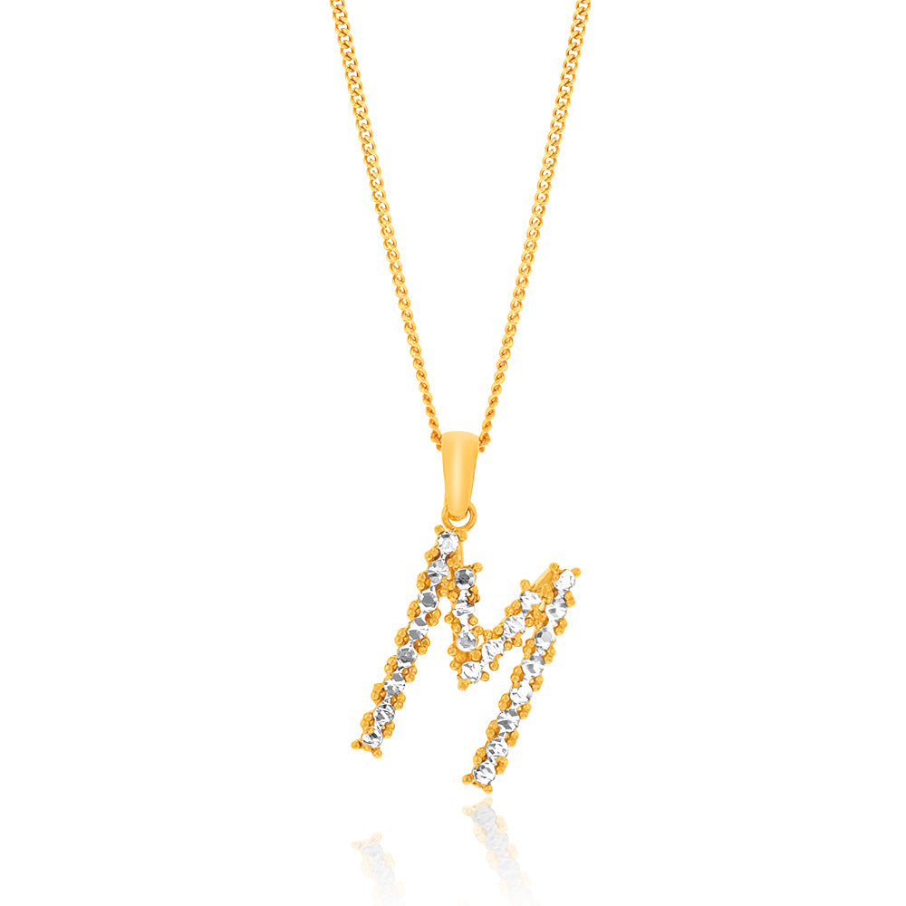 9ct Yellow & White Gold Two-Tone Diamond-Cut Initial M Pendant Necklace - Perfect for Birthdays, Anniversaries & Personalized Gifts