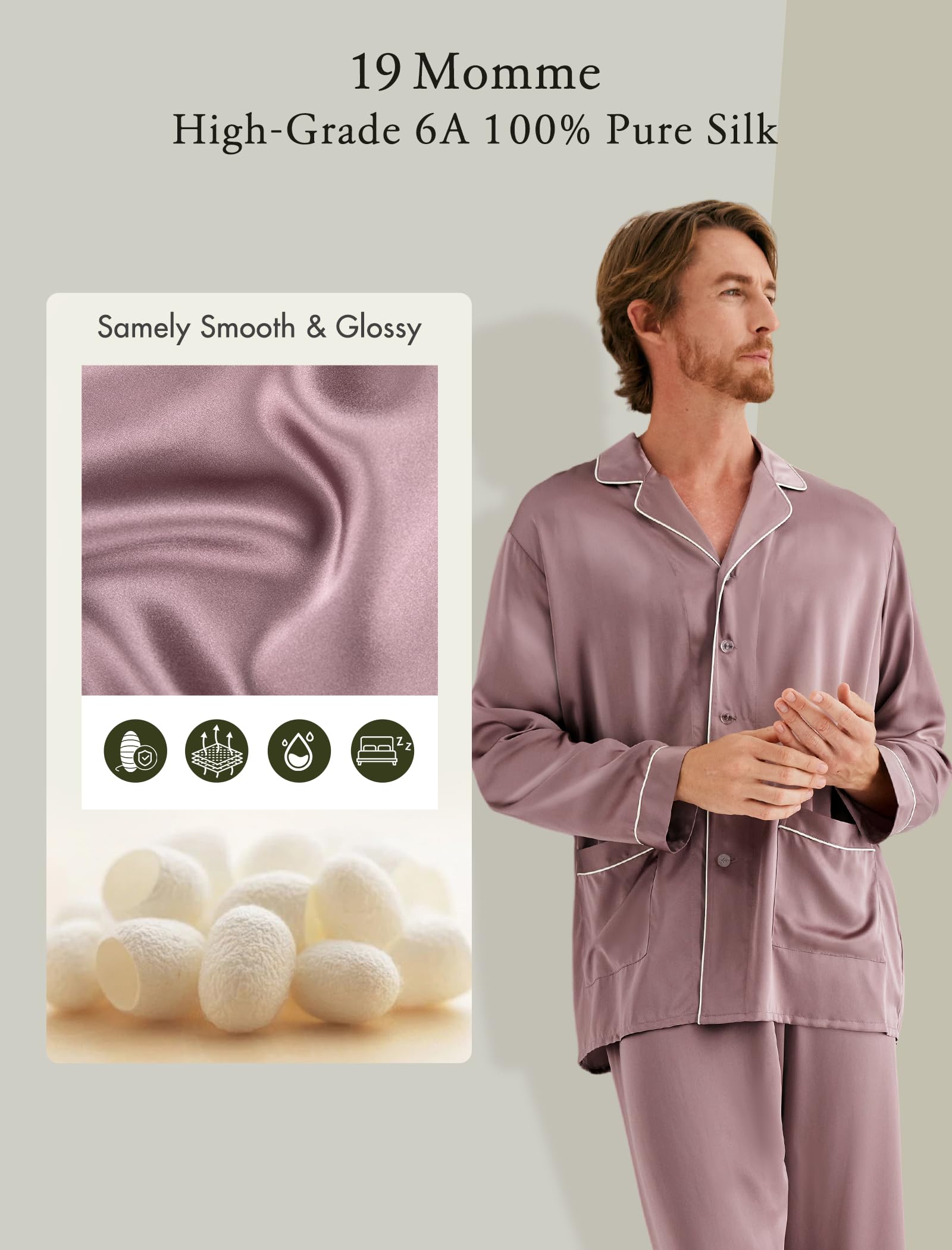 Luxury Silk Pajamas Set for Men - 2PC Long Sleeve Button-Down Sleepwear - COLD POSH Premium Silk PJs - Perfect for Relaxing at Home, Lounging & Gift Giving