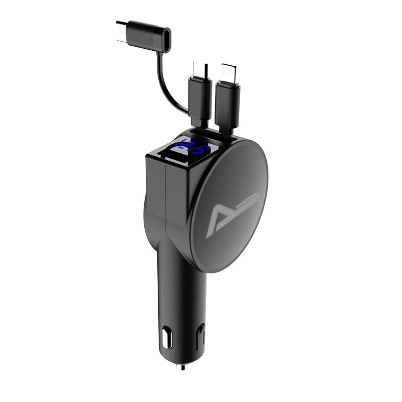 60W Fast Retractable Car Charger with Dual USB-C & USB Ports | 2.6Ft Retractable Cables | Quick Charge for iPhone & Android Phones | Perfect for Road Trips & Daily Commuting (Black)