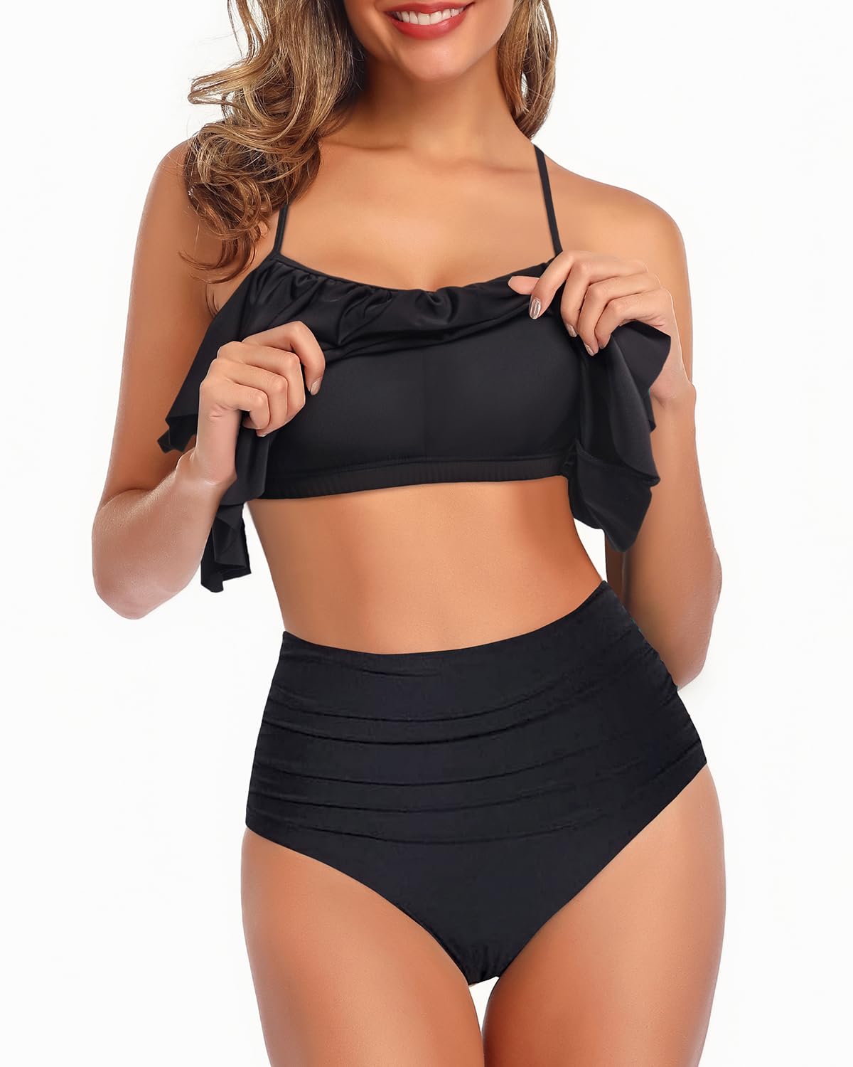 Tempt Me Women's High Waisted Bikini Set - Ruffle Tummy Control Two Piece Swimsuits | Halter Bathing Suits for Teens & Women | Perfect for Beach Vacations, Pool Parties & Summer Getaways