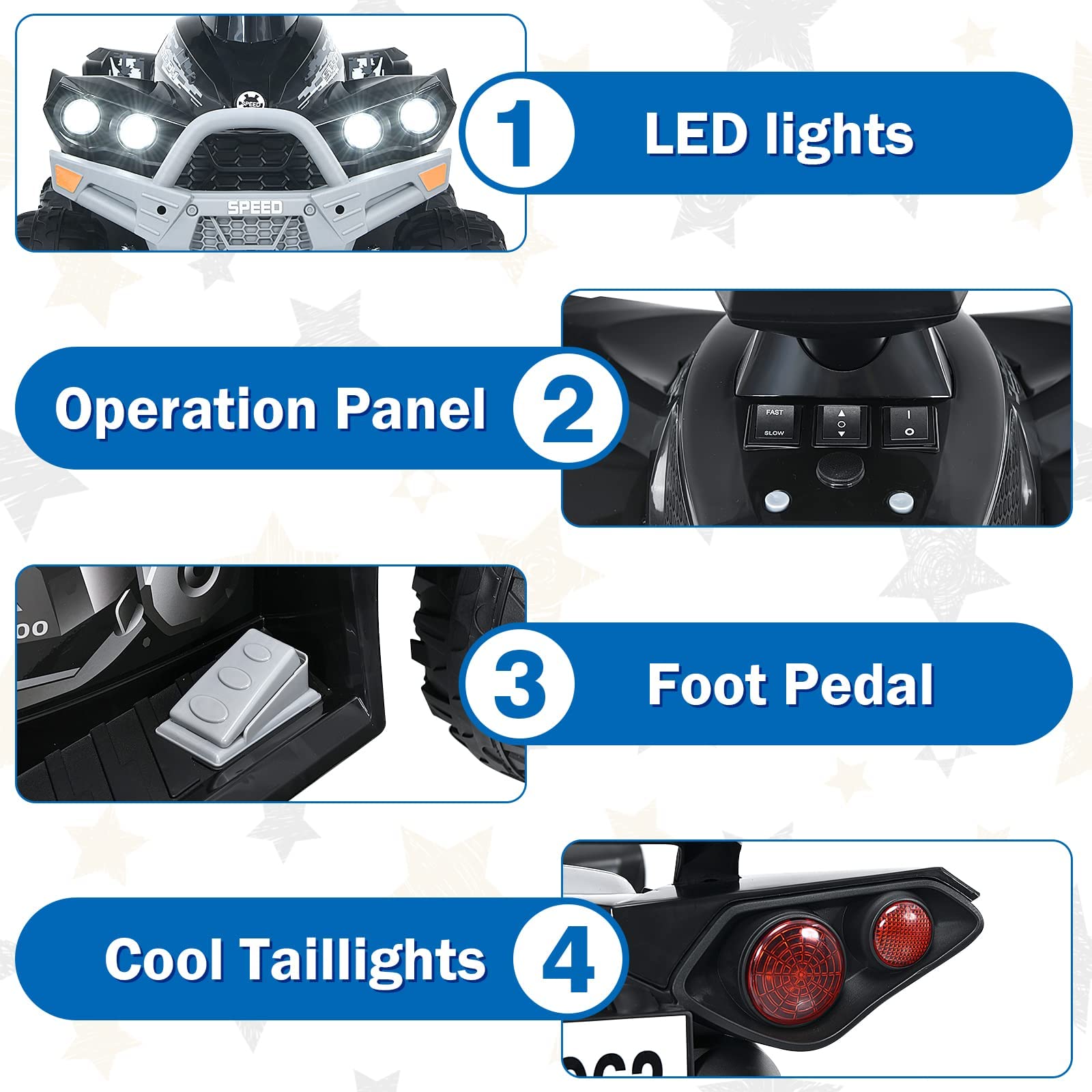 INFANS 12V Kids Electric Ride-On ATV Quad Toy - 4 Wheeler with Music, Horn, LED Lights & Dual Speed - Battery-Powered Wheels for Boys & Girls Ages 3+ (Black) | Perfect for Outdoor Play, Backyard Fun & Birthday Gifts