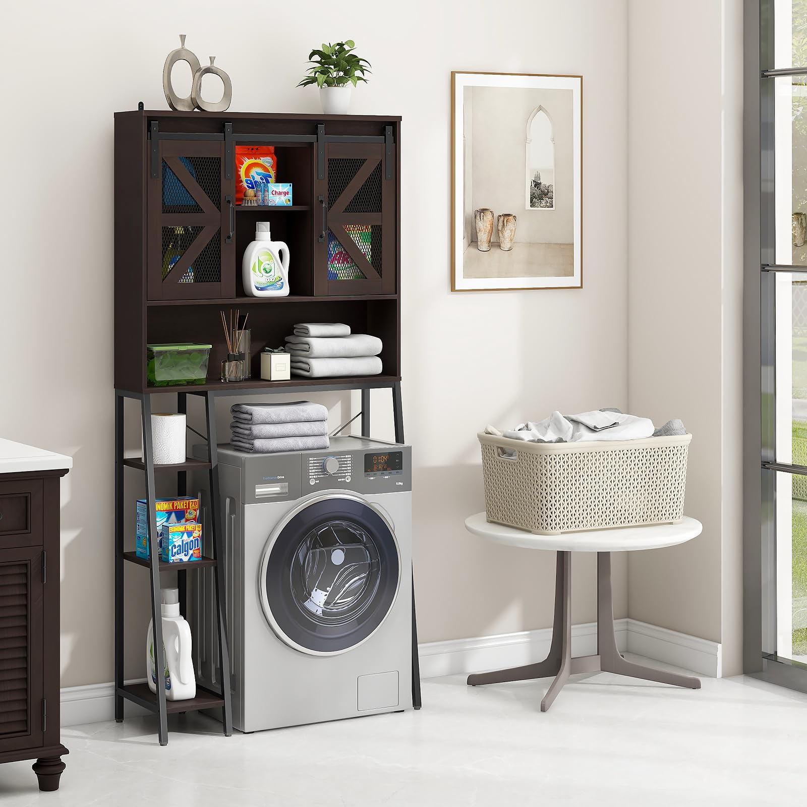 Farmhouse Over The Toilet Storage Cabinet with 2 Sliding Barn Doors - Space Saving Bathroom Organizer for Toiletries, Towels & Laundry - Perfect for Small Bathrooms, Restrooms & Apartment Living (Espresso Finish)