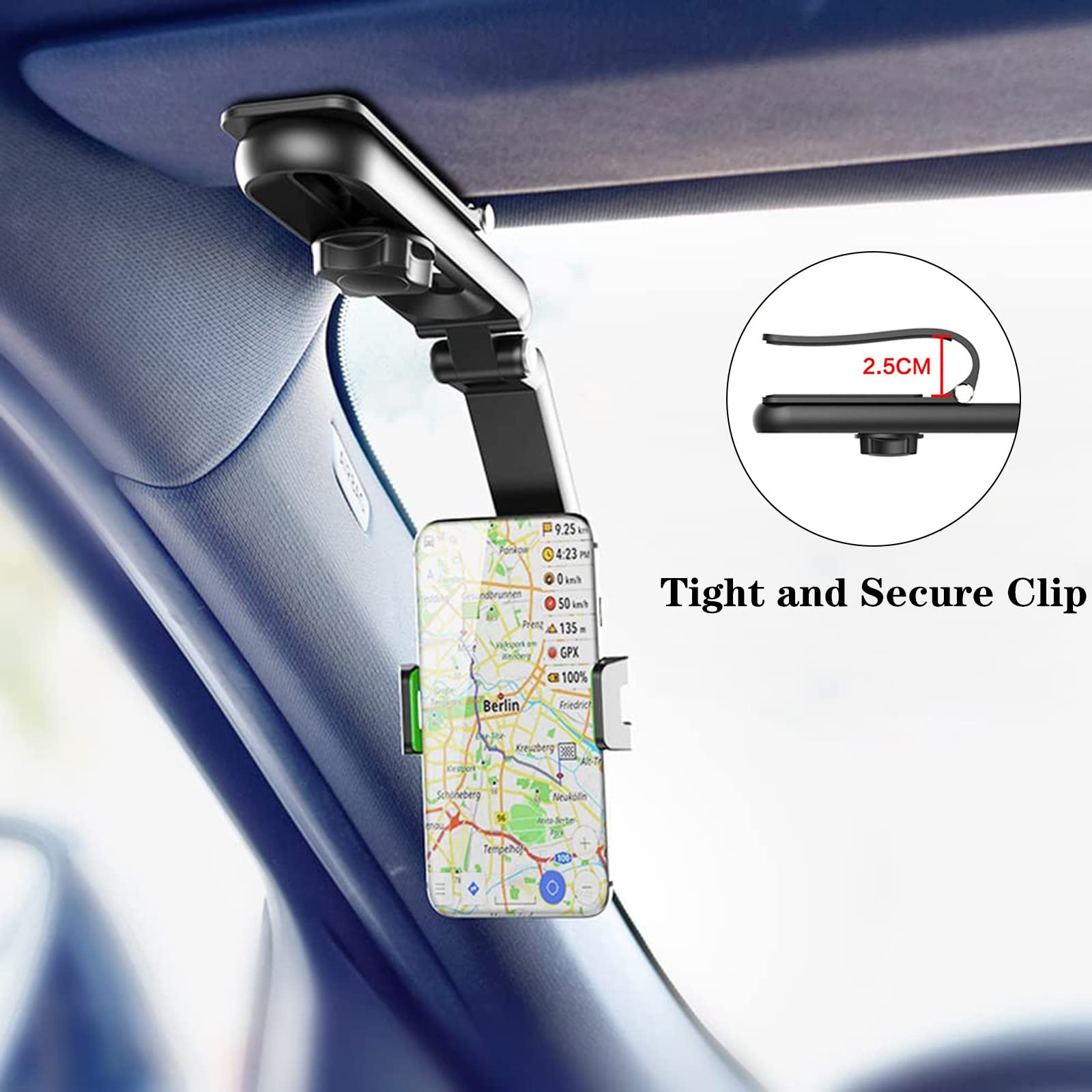 DOUBFIVSY 360° Adjustable Universal Car Phone Holder with USB Cable - Multifunctional Sun Visor Mount for iPhone, Samsung & Most Smartphones - Perfect for Driving, Cooking in Kitchen & Hands-Free Use