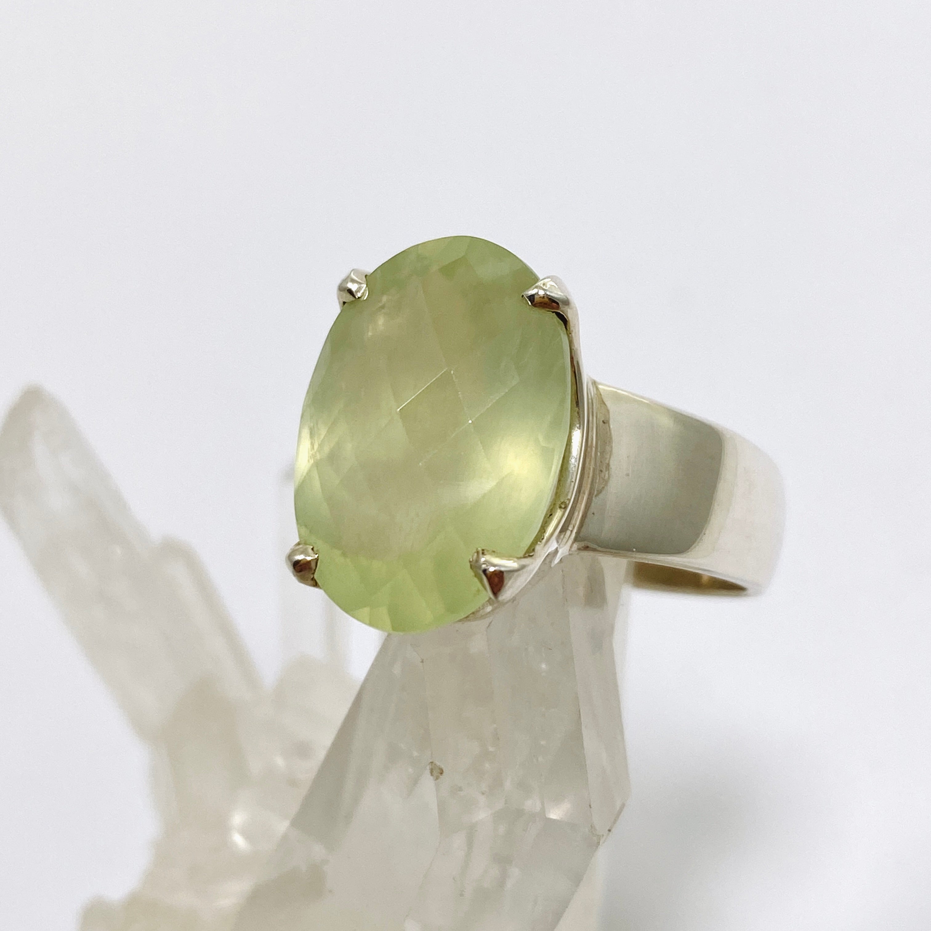 Prehnite Oval Checkerboard Faceted Ring Size 10 - Natural Gemstone Jewelry for Women, Elegant Statement Ring for Wedding, Party & Special Occasions
