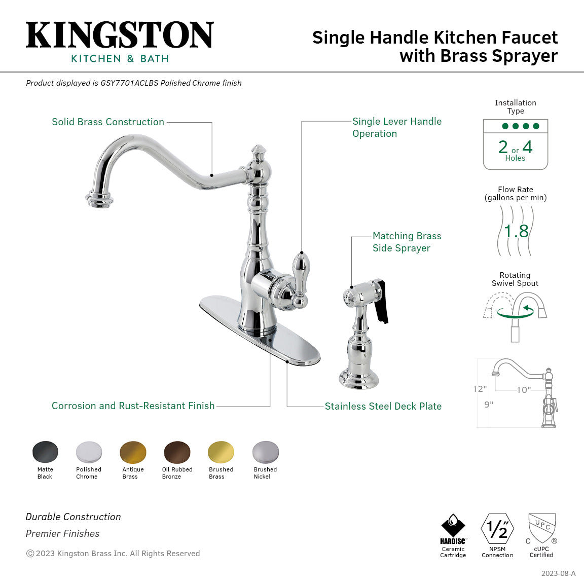 American Classic GSY7705ACLBS Single Handle 2 or 4 Hole Deck Mount Kitchen Faucet with Brass Side Sprayer, Oil Rubbed Bronze - Perfect for Modern Farmhouse & Industrial Style Kitchens