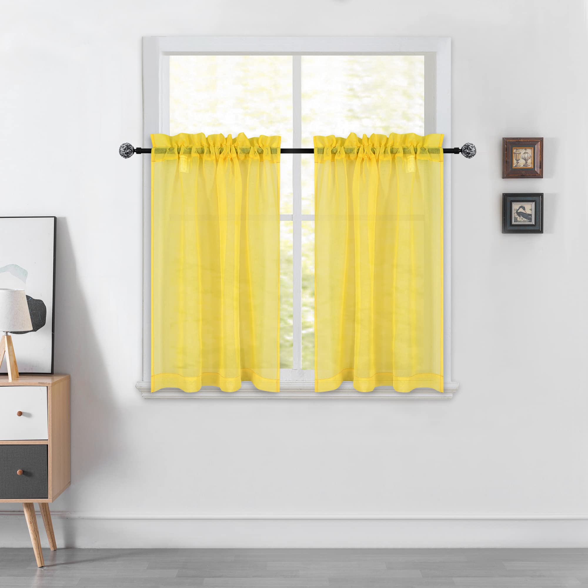 Bright Yellow Semi-Sheer Kitchen Curtains 36 Inch Length - Rod Pocket Cafe Curtains, Linen-Like Textured Window Drapes for Privacy - Perfect for Basement, Bathroom & Small Windows (34x36 Inches) - Ideal for Kitchen Decor, Breakfast Nook & Cozy Home Spaces