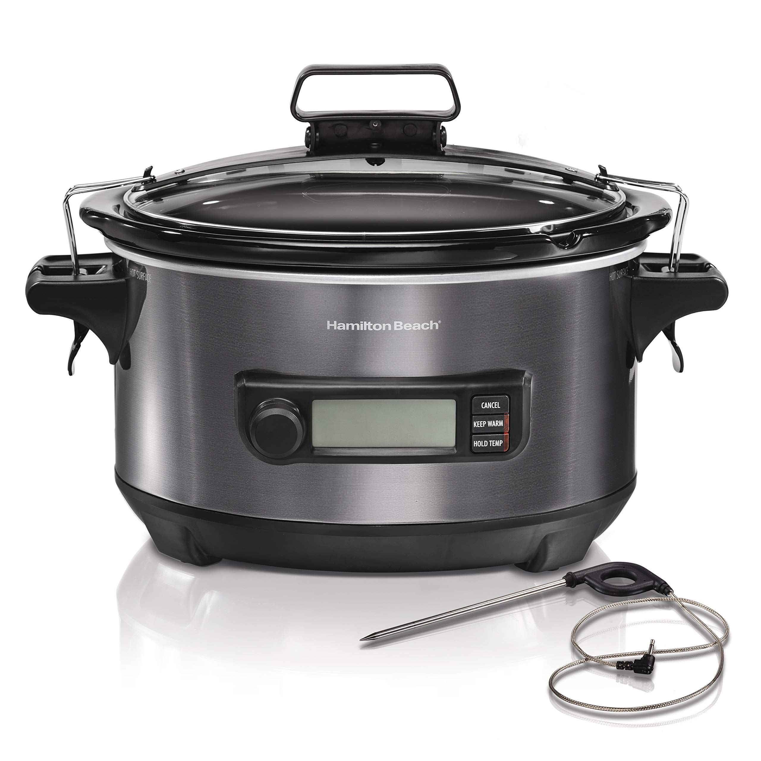 Hamilton Beach 6 Quart Digital Programmable Slow Cooker with Lid Lock & Temperature Probe - Dishwasher Safe Crock & Lid - Black Stainless (33866) - Perfect for Family Dinners, Meal Prep & Party Catering