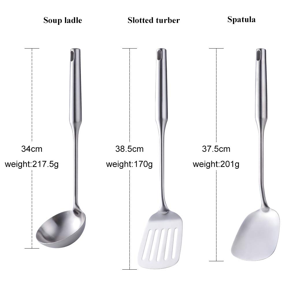 PLESIU 3-Piece Stainless Steel Kitchen Utensil Set - Soup Ladle, Wok Spatula & Slotted Spatula with Vacuum Ergonomic Handle - Perfect for Cooking, Serving & Stirring Soups, Noodles & Stir-Fry Dishes