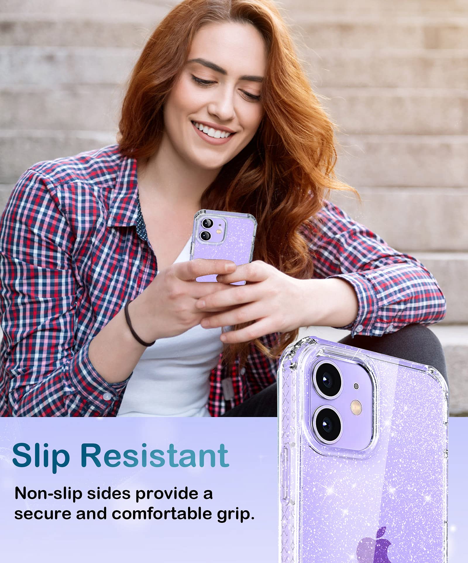 MIODIK Clear Glitter Shockproof iPhone 12/12 Pro Case with Phone Stand | Non-Yellowing Slim Protective Cover for Women & Girls | 6.1 Inch Sparkle Design | Perfect for Daily Use, Work & Travel Protection