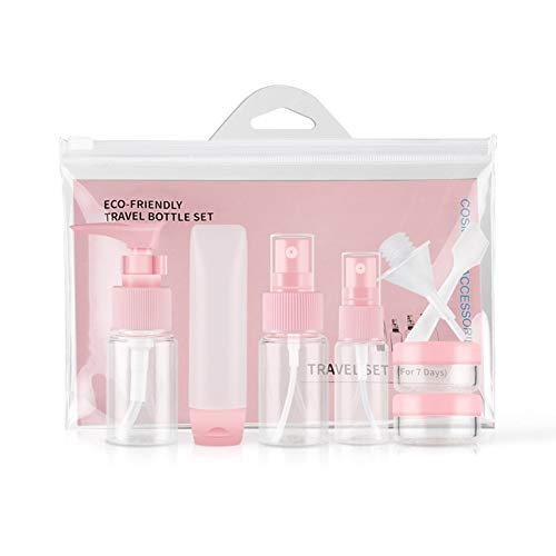 9Pcs Portable Travel Cosmetic Bottle Set - Leak Proof Refillable Spray Perfume & Lotion Containers with Funnel (Pink) | Perfect for Toiletries, Makeup, Skincare & Airplane Travel Essentials
