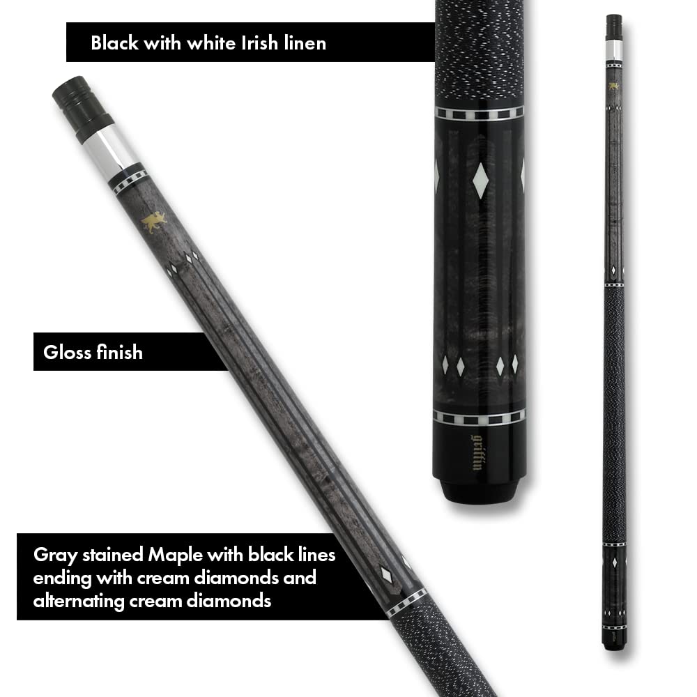Premium Griffin GR32 Pool Cue - Grey Stained Maple Shaft with White Diamond Inlays | Professional Billiards Stick for Pool Halls & Home Game Rooms
