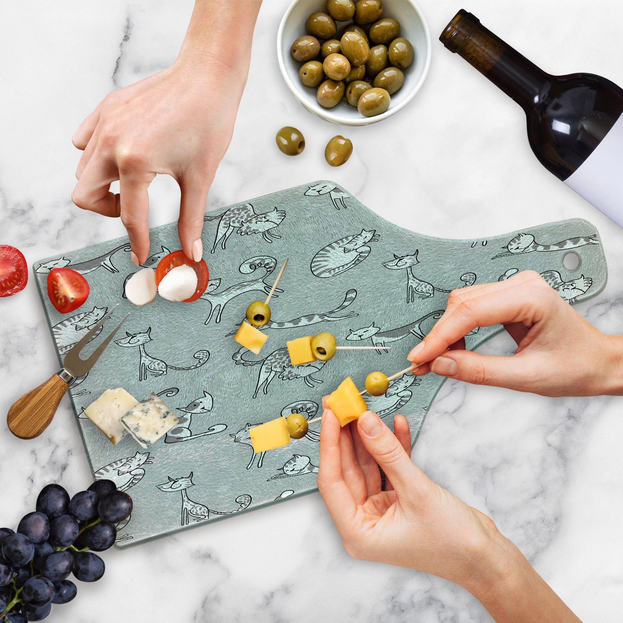Ambesonne Grey Cat-Themed Cutting Board - Floral Background with Cute Cartoon Kittens - Durable Tempered Glass Serving Board for Kitchen & Entertaining - Perfect for Cheese Platters, Wine Pairing & Home Decor
