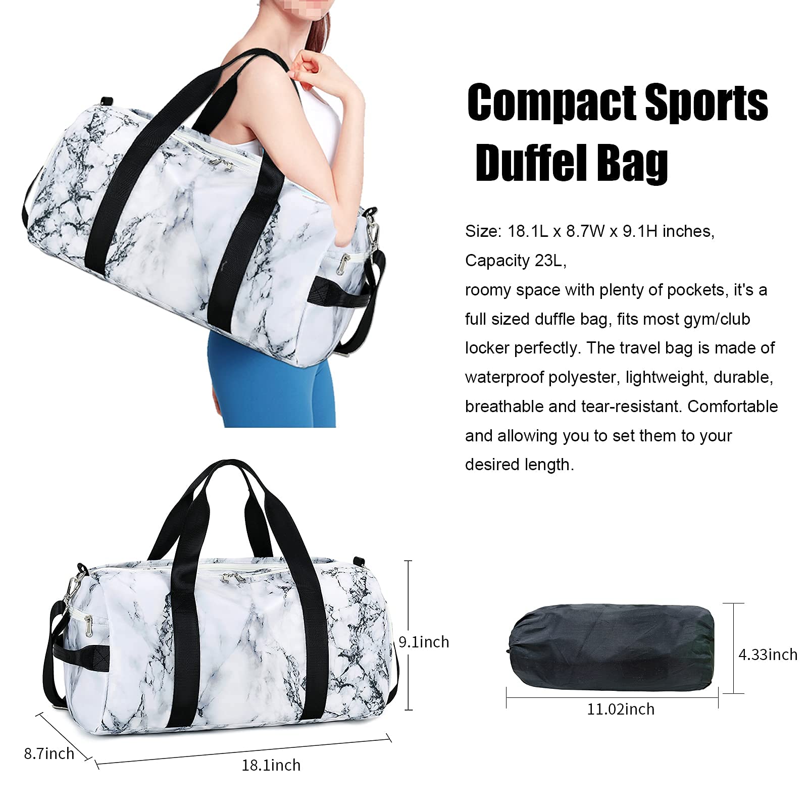 Premium Gym Duffle Bag for Men & Women - Large Sports Travel Duffel with Shoe Compartment & Wet Pocket - 19.7x9.5x9.9 Inches (Marble-White) - Ideal for Gym, Workout, Travel & Sports Gear Storage