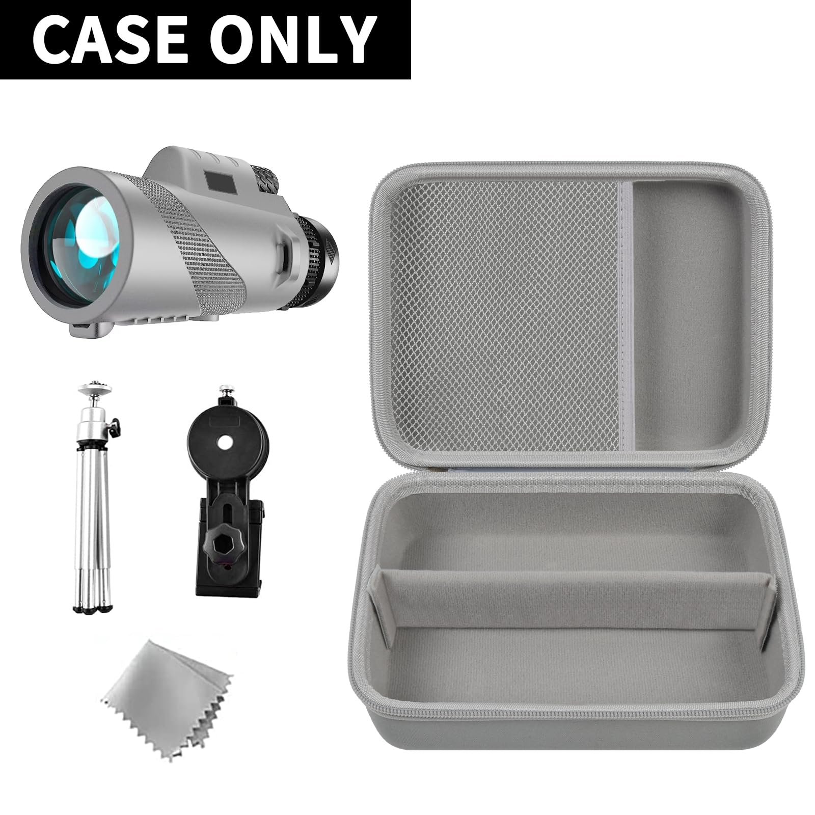 High Definition Monocular Telescope Case - Compatible with Gosky 12x55, Eullsi, PhysioPhyx 80x100, Pankoo 12x50 & Titan 12x55 - Includes Smartphone Holder & Tripod (Grey) - Perfect for Bird Watching, Hiking, Hunting and Outdoor Adventures