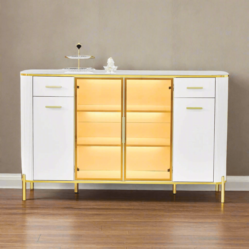 Maurille White Buffet Hutch with Durable Sintered Stone Top - 160cm Modern Dining Room Storage Cabinet for China Display & Kitchen Organization