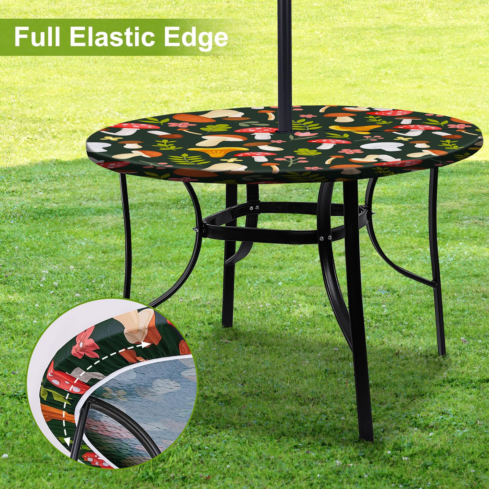 Waterproof Elastic Fitted Round Tablecloth with Umbrella Hole - Outdoor & Indoor Table Cover for Camping, Picnics, Patio, and Garden Parties