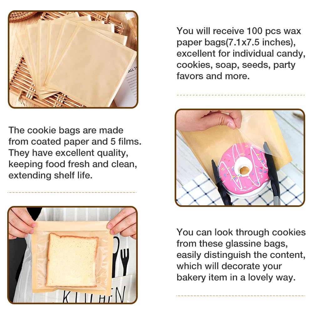 100 Pcs Brown Bakery Bags with Window - 7.1 x 7.5 Inches Paper Sandwich Bags for Donuts, Cookies & Snacks | Eco-Friendly Food Packaging for Bakeries, Cafes & Takeout