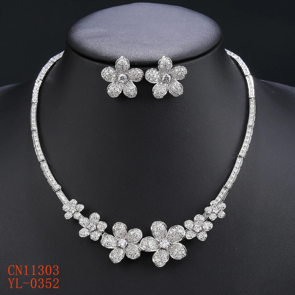 Elegant Flower Necklace and Earrings Set - European Style Bridal Jewelry for Wedding Party, Fashion Dress Accessories with CZ Stones - Perfect for Bridesmaids, Prom, Evening Gala & Special Occasions