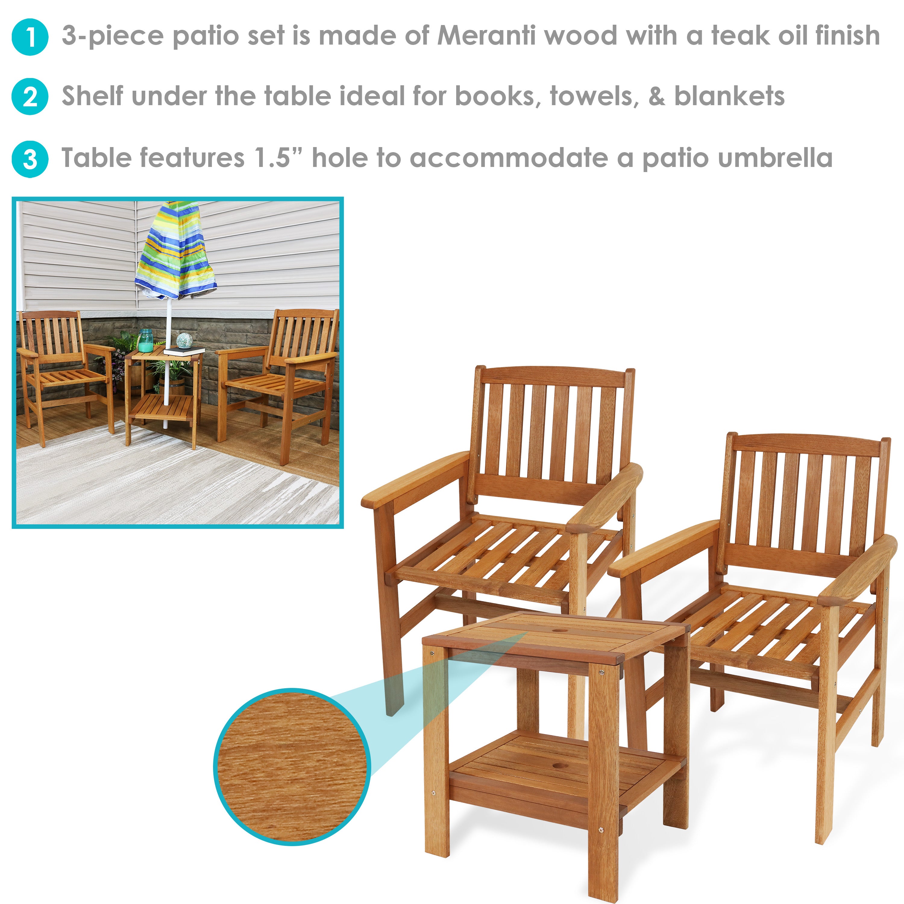 Sunnydaze Meranti Wood 3-Piece Outdoor Patio Conversation Set - Durable Garden Furniture for Backyard, Deck, or Poolside Relaxation