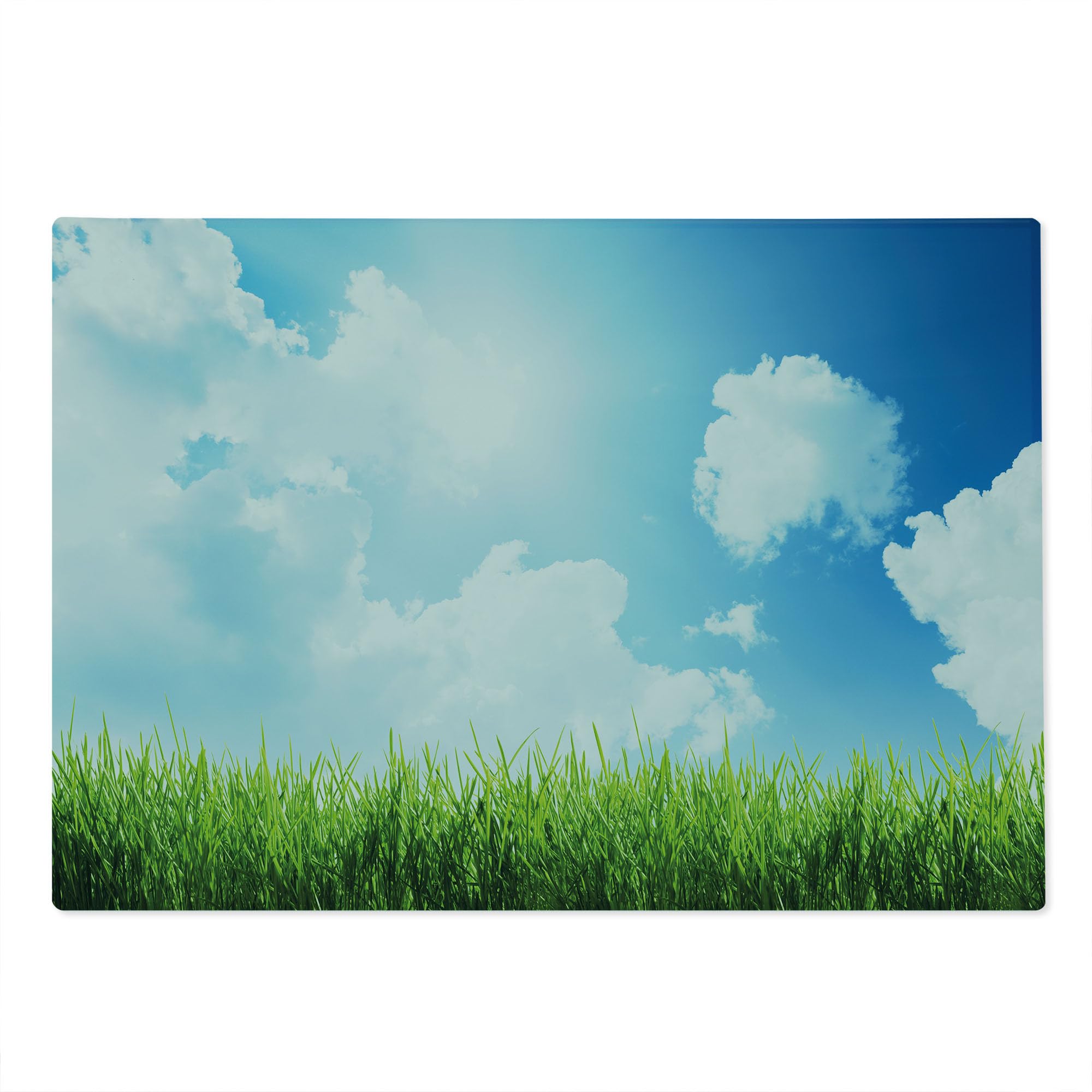 Ambesonne Sky Tempered Glass Cutting Board - Sunny Day with Green Grass, Sun Rays & Clouds - Large Decorative Serving Board for Kitchen, Dining & Entertaining - Blue, Green, White Nature Design