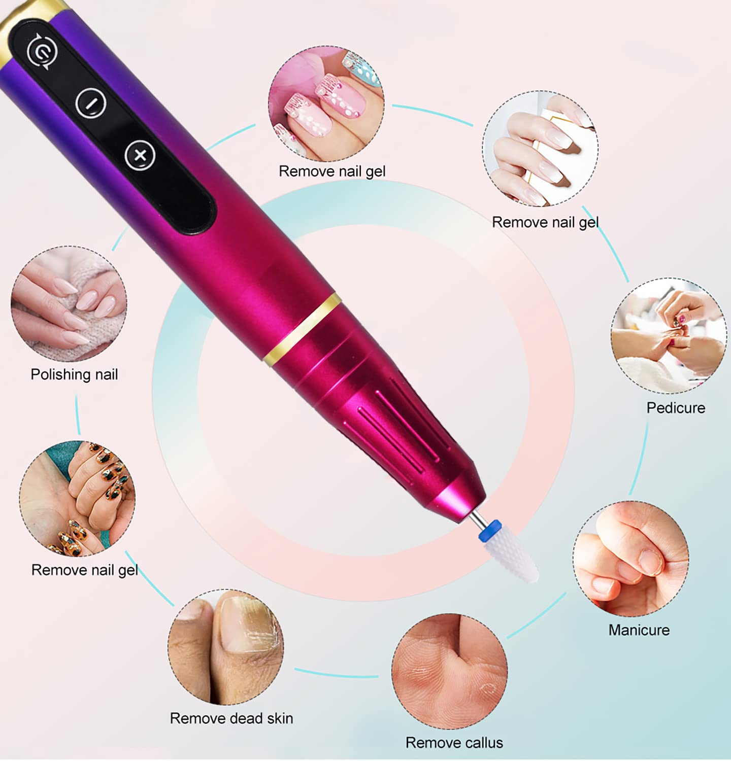 Professional Electric Nail Drill Kit - Rechargeable Cordless Manicure Pedicure Machine with Bits for Acrylic Gel Nails, Salon & Home Use (Fuchsia) | Perfect for Nail Art, Polish Removal & Nail Care at Home or Professional Salons
