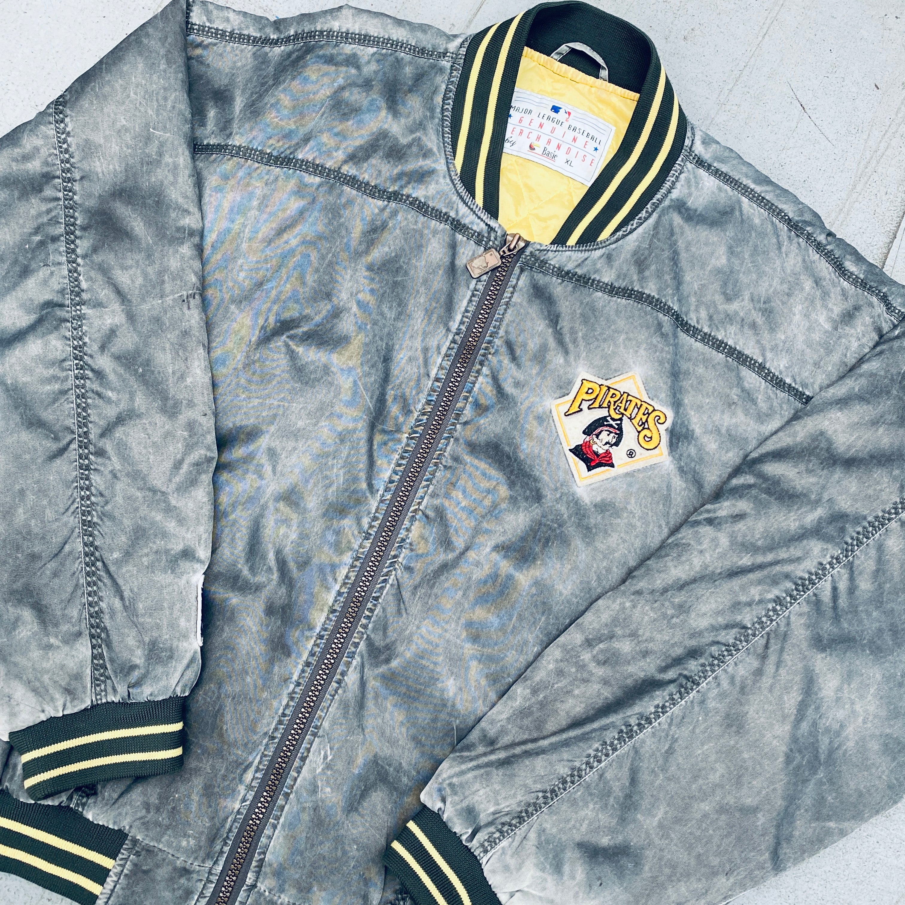 Pittsburgh Pirates 1990s Vintage Reverse Embroidered Spellout Stone Wash Full Zip Bomber Jacket - XL Size | Retro Baseball Fan Gift & Game Day Outfit