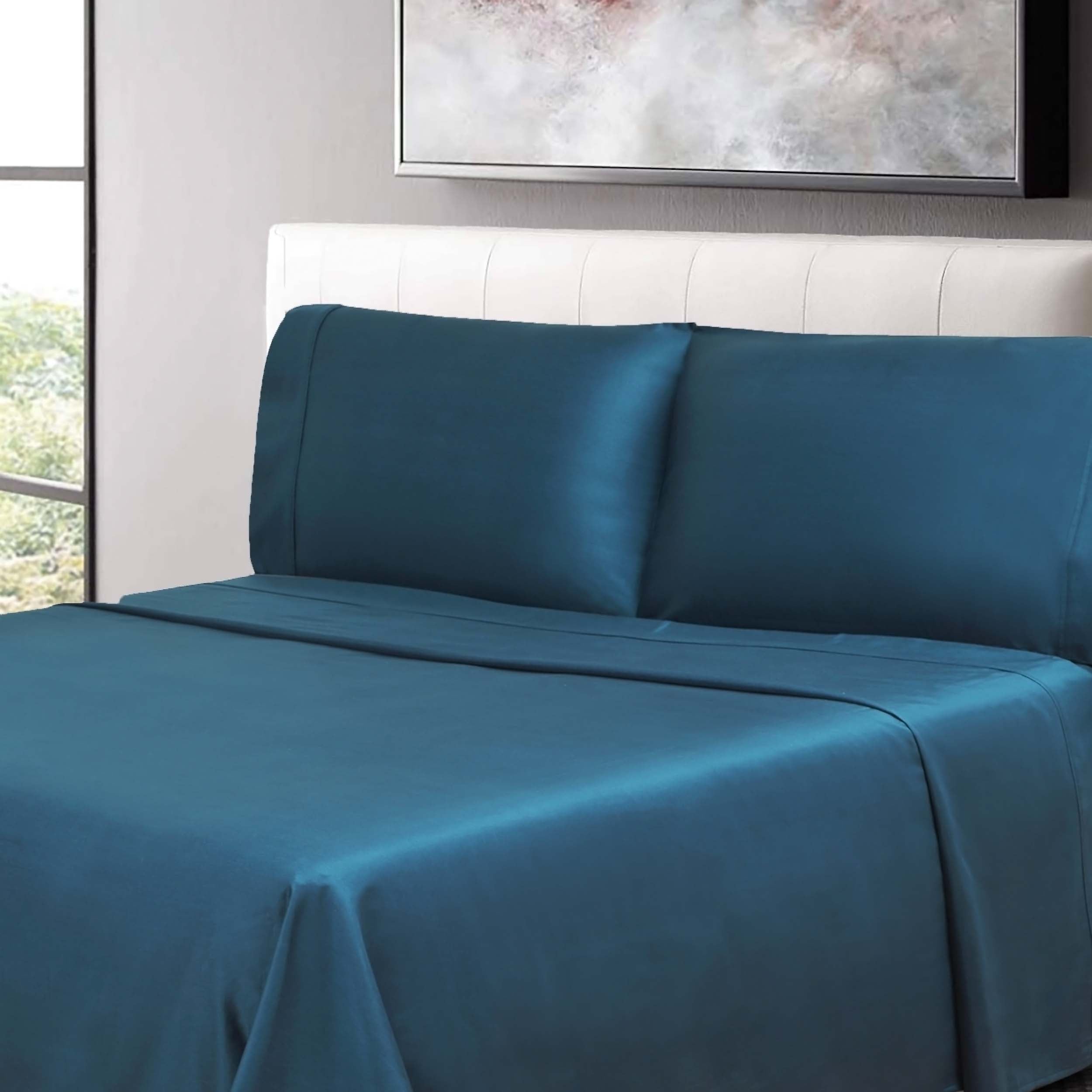 300 Thread Count Cotton Percale Solid Deep Pocket Bed Sheet Set - Queen Size, Soft & Breathable Luxury Sheets for Comfortable Sleep - Perfect for Master Bedroom, Guest Room or Vacation Home