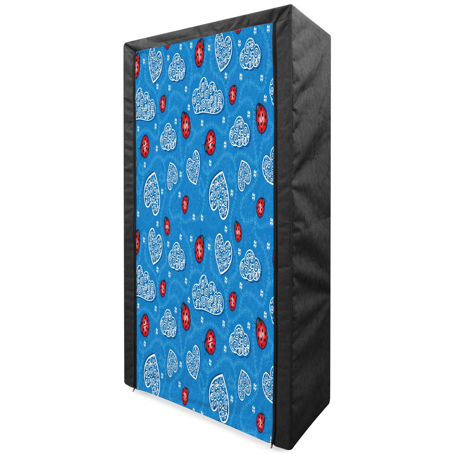 Ambesonne Ladybugs Fabric Wardrobe - Portable Clothing Organizer with Shelves, 33.5 Inch - Blue Red Ladybug & Cloud Art Print for Bedroom, Closet & Dorm Storage - Perfect for Seasonal Clothes & Accessories Organization