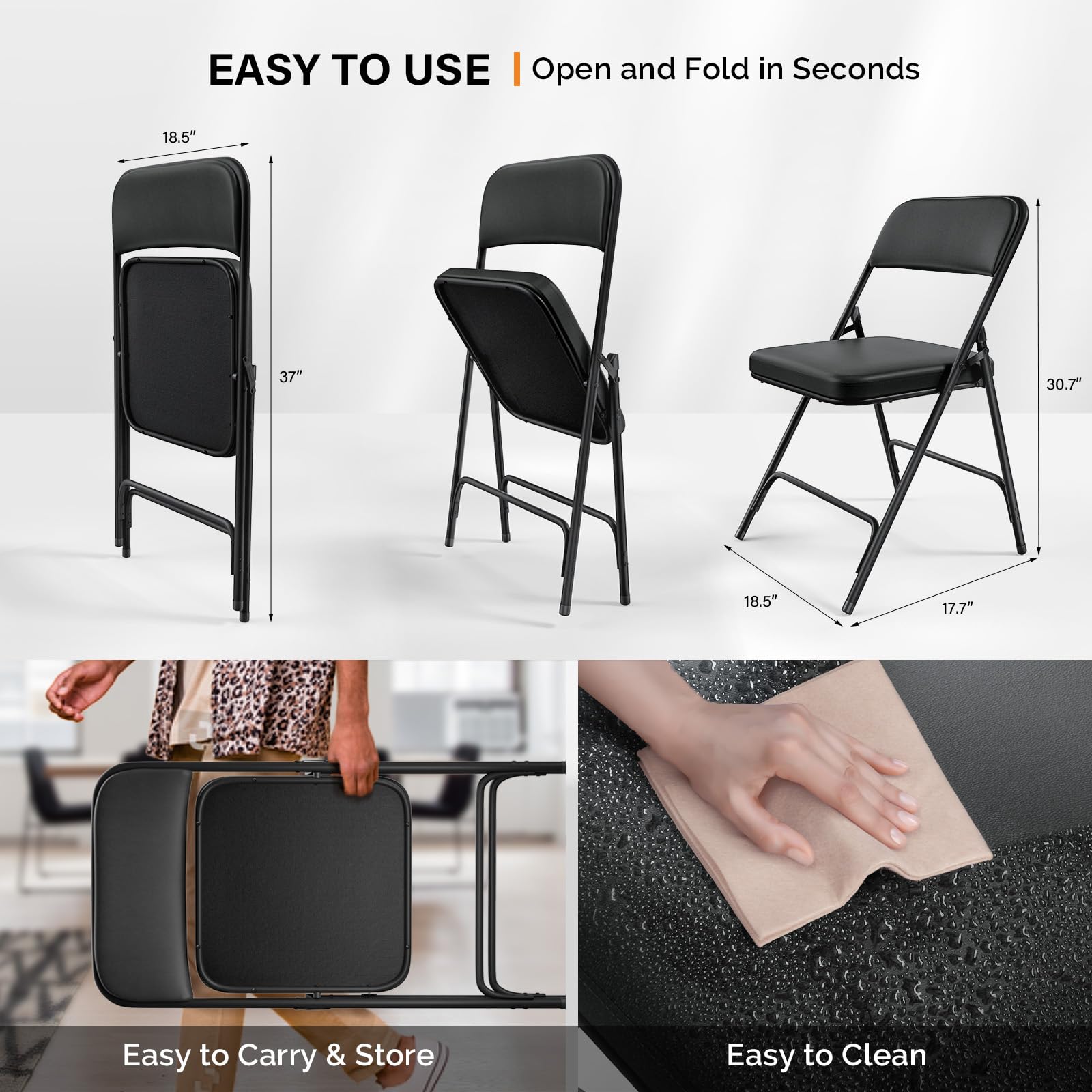 VINGLI Padded Folding Chairs with Thick Seat Cushion - 2 Pack Comfortable Portable Foldable Chairs for Indoor Outdoor Use - Perfect for Parties, Weddings, Picnics, Camping, Backyard, Office & Home Events - Durable PU Material in Black