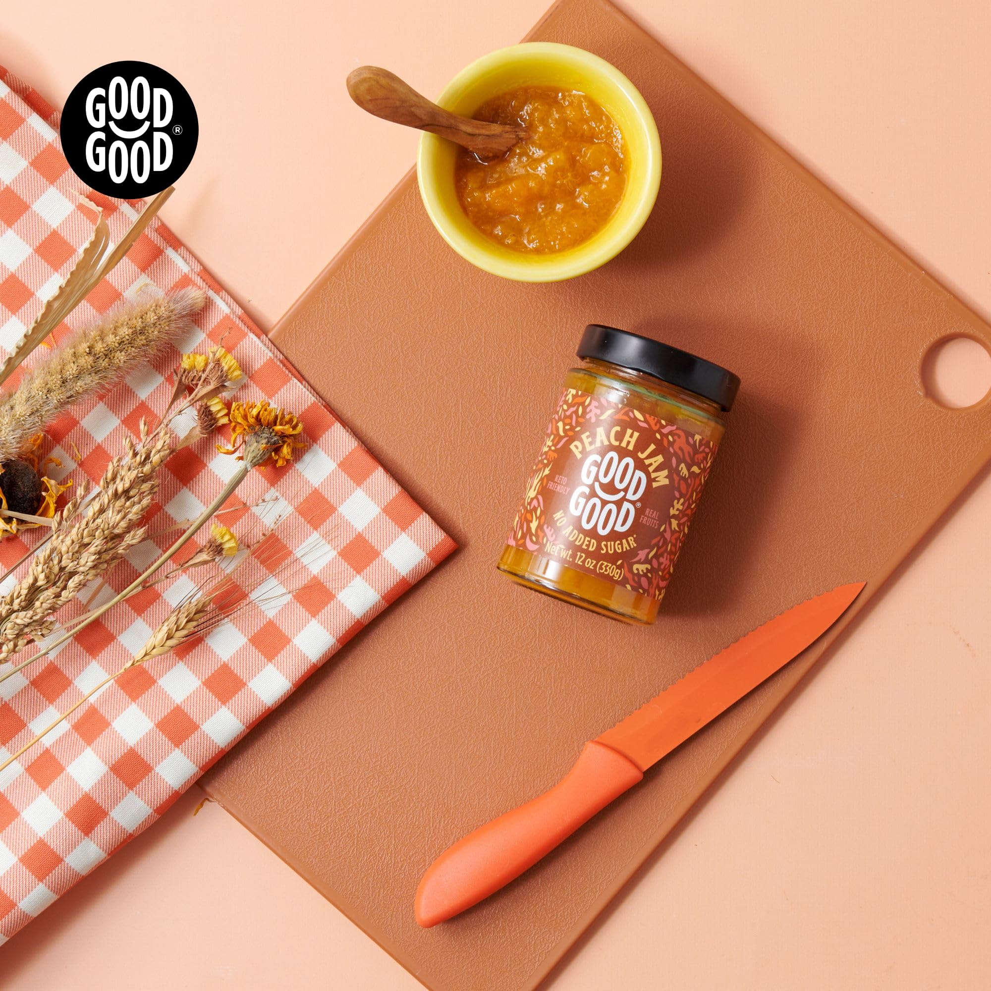 GOOD GOOD Sweet Peach Jam - Low Calorie, Low Carb & No Added Sugar Keto Friendly Jelly - Vegan, Gluten Free Fruit Preserves - 12oz (Pack of 1) - Perfect for Toast, Yogurt & Keto Diet Breakfast