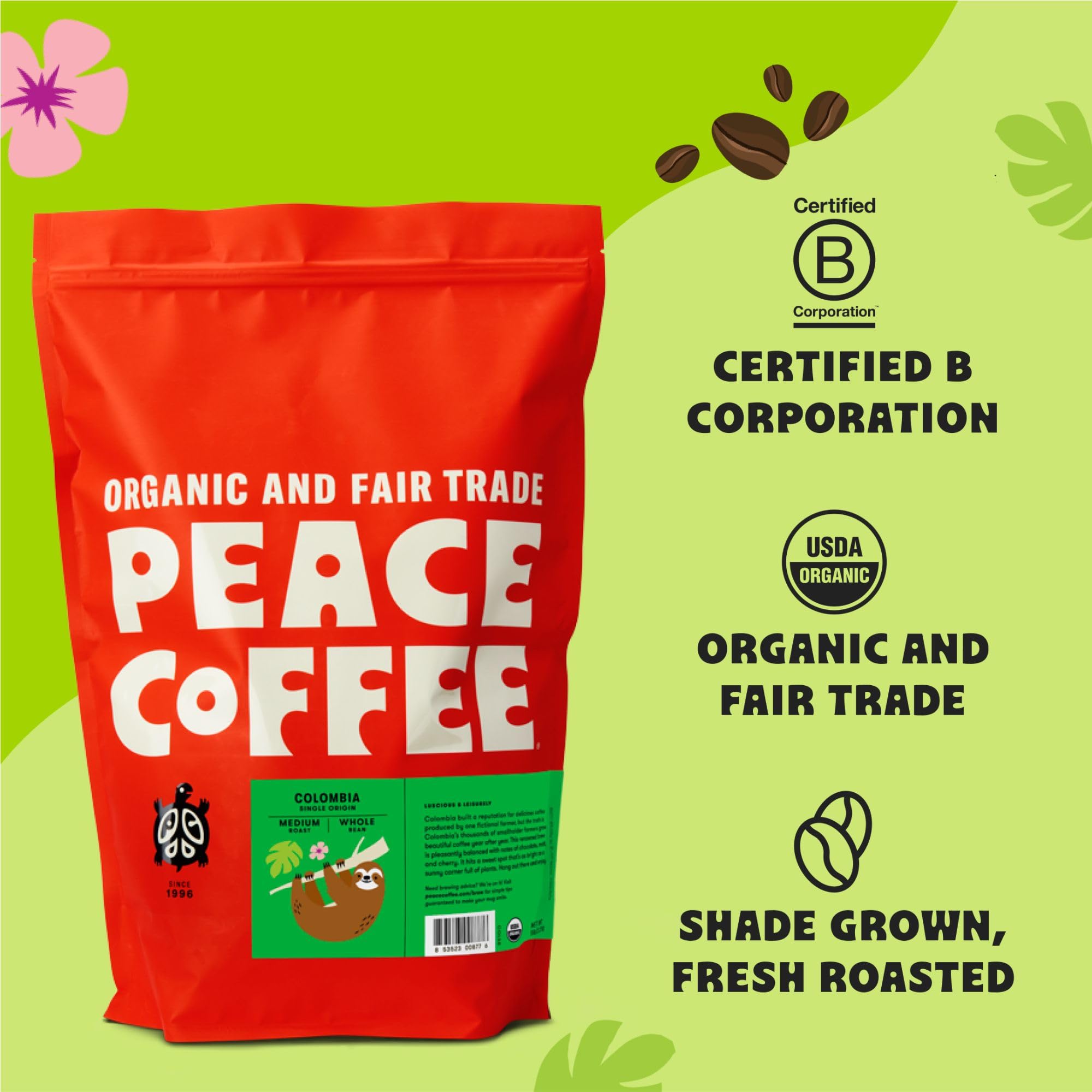 Organic Fair Trade Colombia Single Origin Coffee - 5 lb Whole Bean Medium Roast | Shade Grown, Fresh Roasted | Smooth & Crisp Flavor | Perfect for Home Brewing, Office Use & Gift Giving