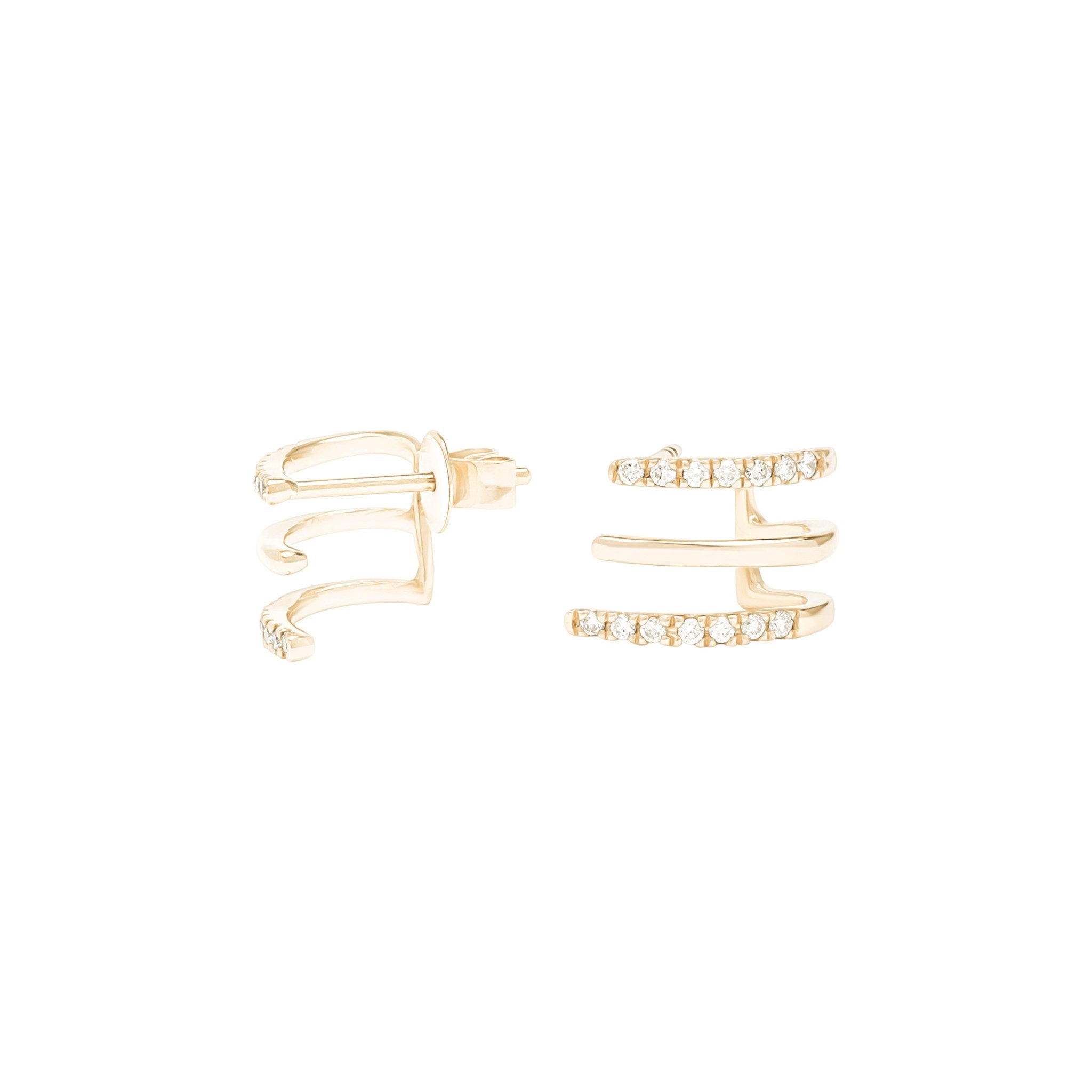 14K Solid Yellow Gold Diamond Triple Huggie Illusion Stud Earrings for Women - Perfect for Weddings, Date Nights & Special Occasions