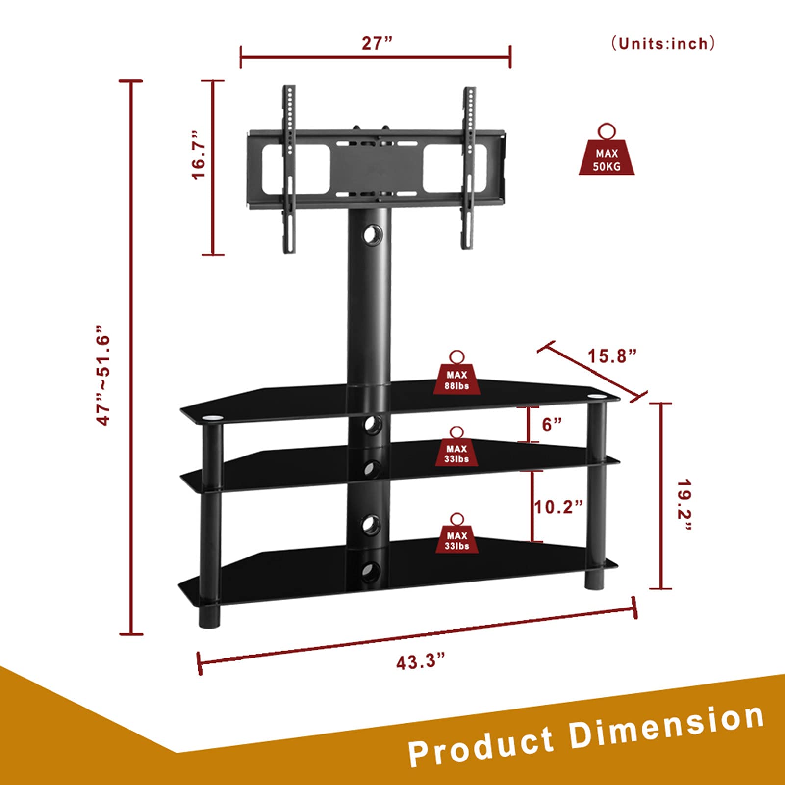 Adjustable Swivel Floor TV Stand for 32-65 Inch TVs - 3-Tier Tempered Glass Media Console with Height Adjustable Bracket - Perfect for Living Room, Bedroom & Home Theater Entertainment Setup