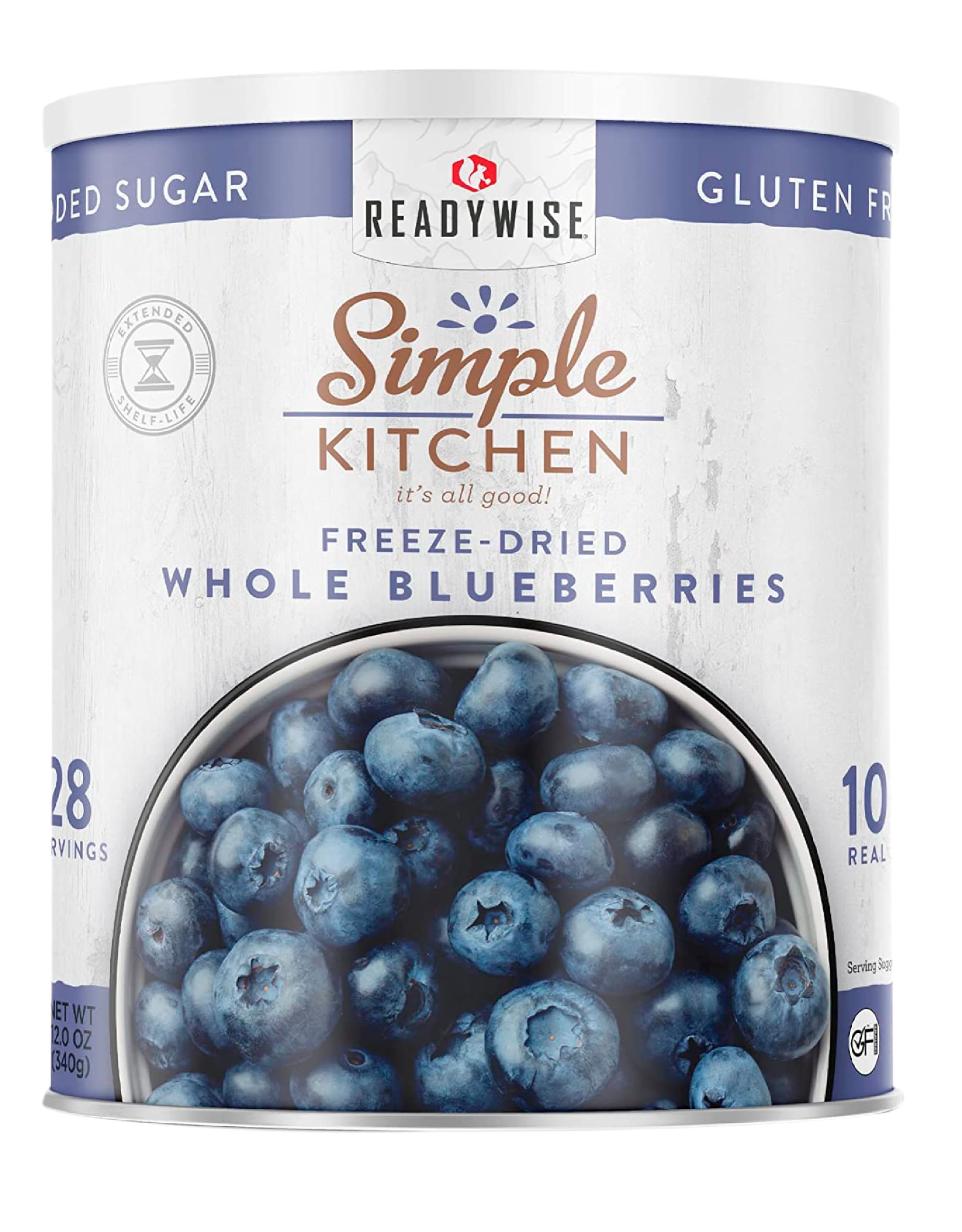 READYWISE Freeze Dried Whole Blueberries - 28 Servings, Vegan, Gluten Free, Non-GMO, Healthy Fruit Snacks for Hiking, Camping & Emergency Food Storage