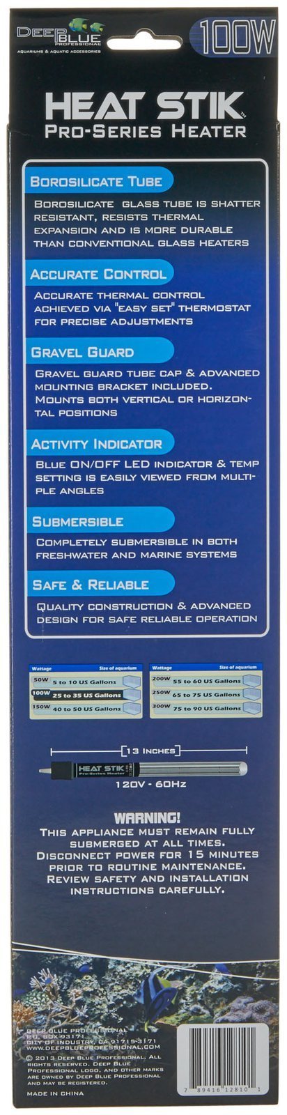ADB12810 100W Quartz Heater for Aquarium - Submersible Fish Tank Water Heater with Adjustable Thermostat | Perfect for Tropical Fish, Saltwater & Freshwater Tanks