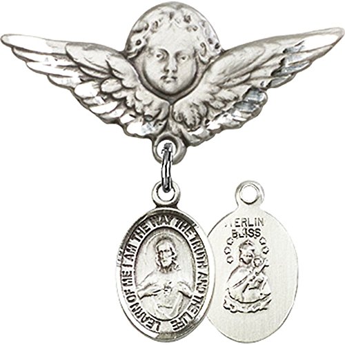 925 Sterling Silver Baby Badge with Scapular Charm & Angel Wing Pin - 1.125 Inch Religious Jewelry for Baptism, First Communion & Christening Gifts