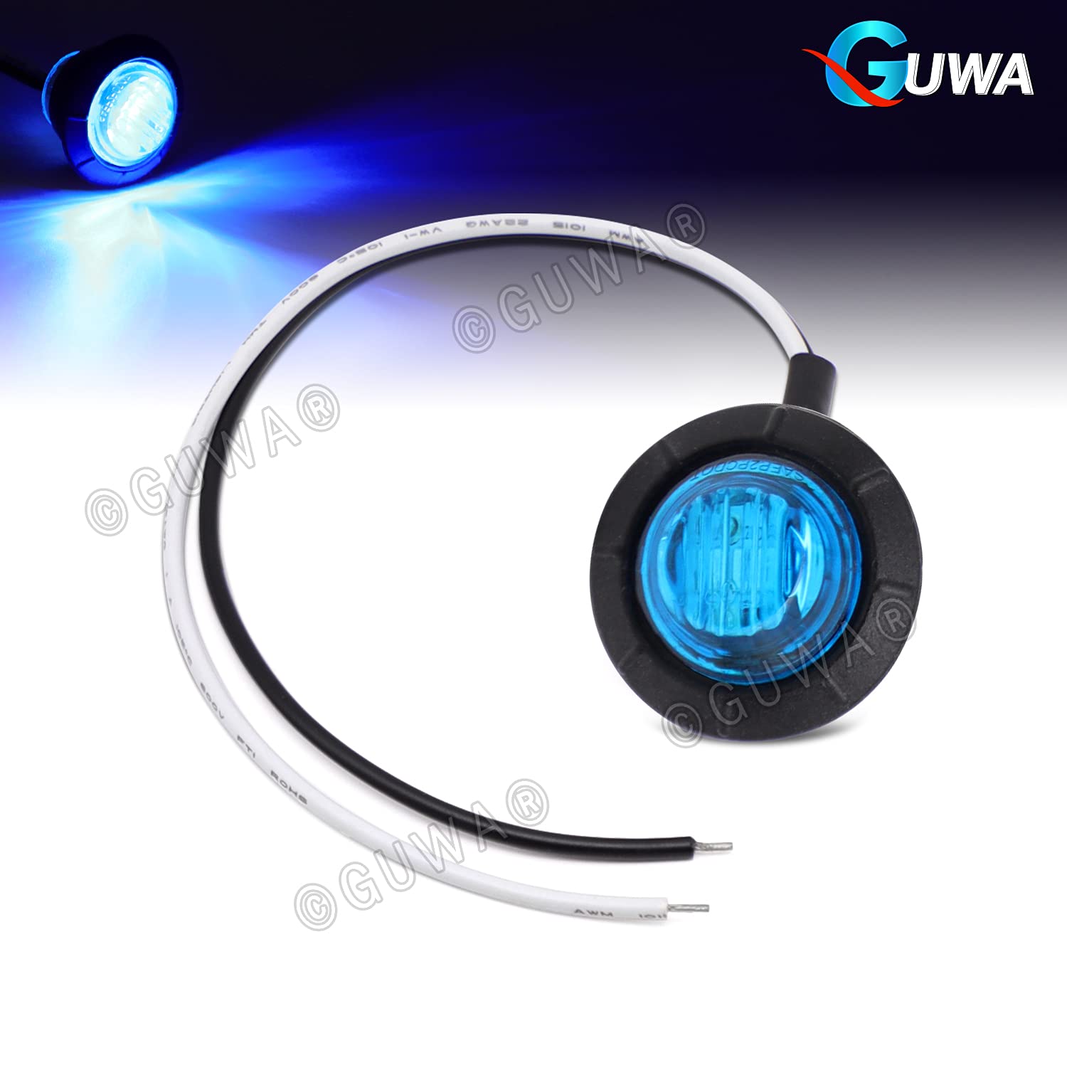 GUWA 3/4 Inch Mini Round Blue LED Clearance Side Marker Lights - Waterproof Flush Mount 12V DC Indicator Lamps for Trucks, Trailers, Buses & Cars (Pack of 50) - Perfect for Nighttime Visibility & Vehicle Safety