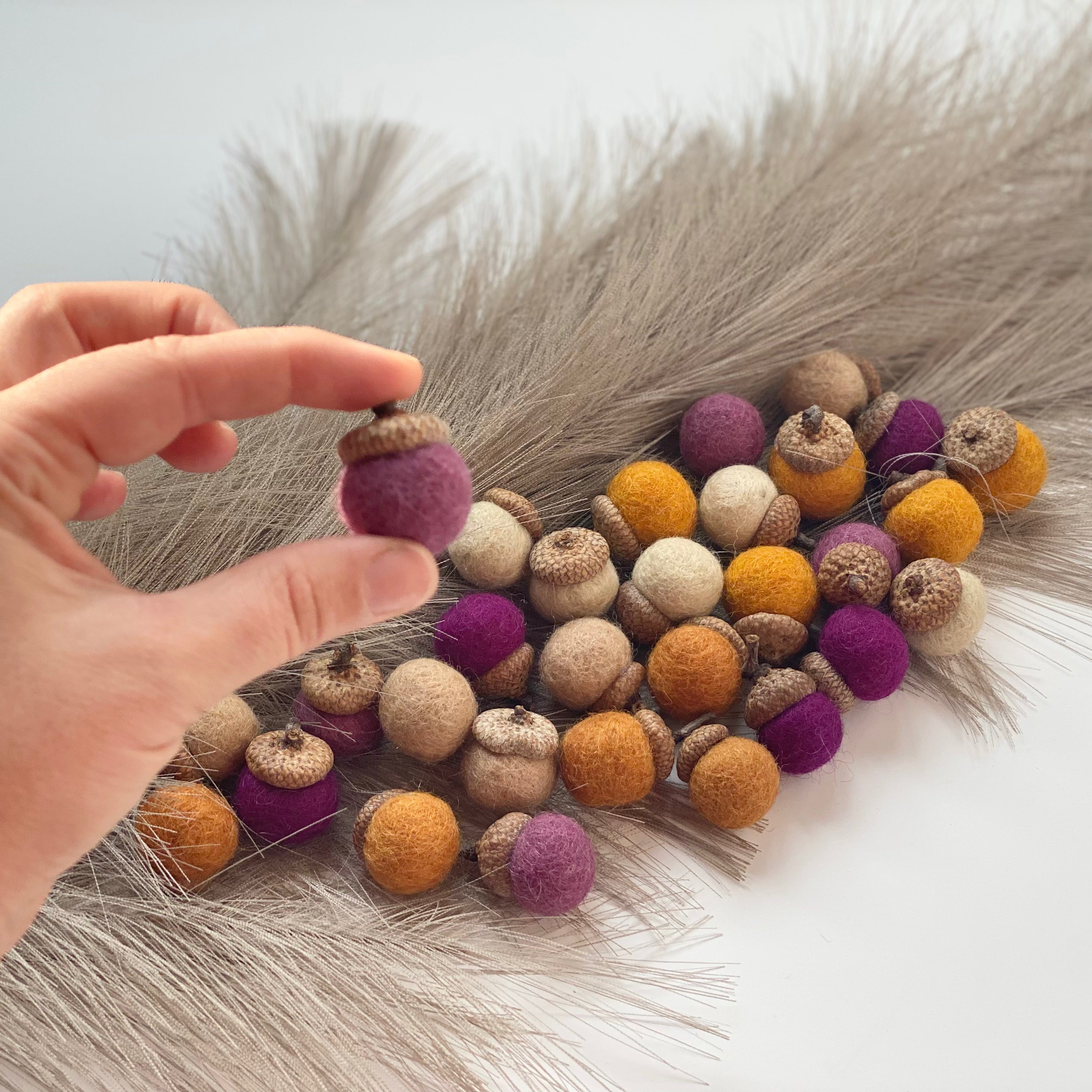 Vibrant Orange & Purple Wool Acorns - Handmade Fall Decor for Home, Crafts, and Seasonal Displays