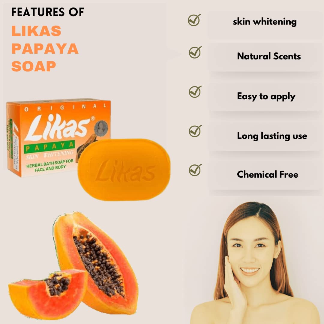 Likas Papaya Herbal Soap for Skin Whitening & Brightening - 100g Natural Exfoliating Soap for Face & Body - AMZ0001 (1 Piece) - Perfect for Daily Skincare Routine & Acne Treatment
