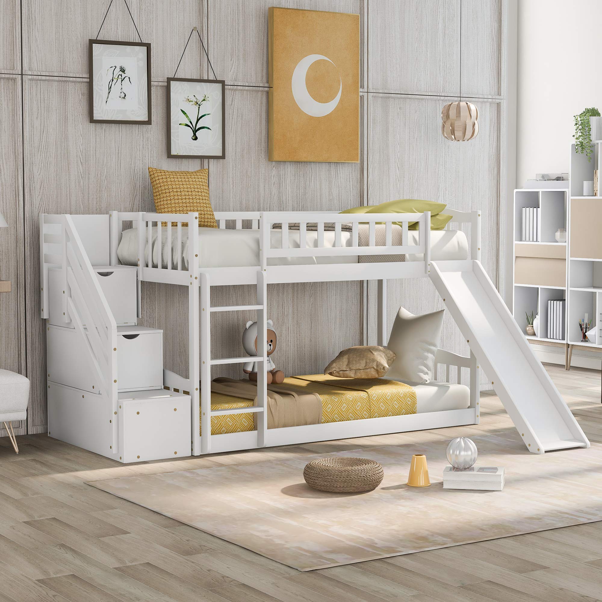 Solid Wood Twin Over Twin Bunk Bed with Slide - Sturdy Floor Bunk Bed Frame with Safety Handrails & Wide Step Ladder - Space-Saving Kids Bedroom Furniture for Small Rooms - Perfect for Siblings, Sleepovers & Playtime Fun