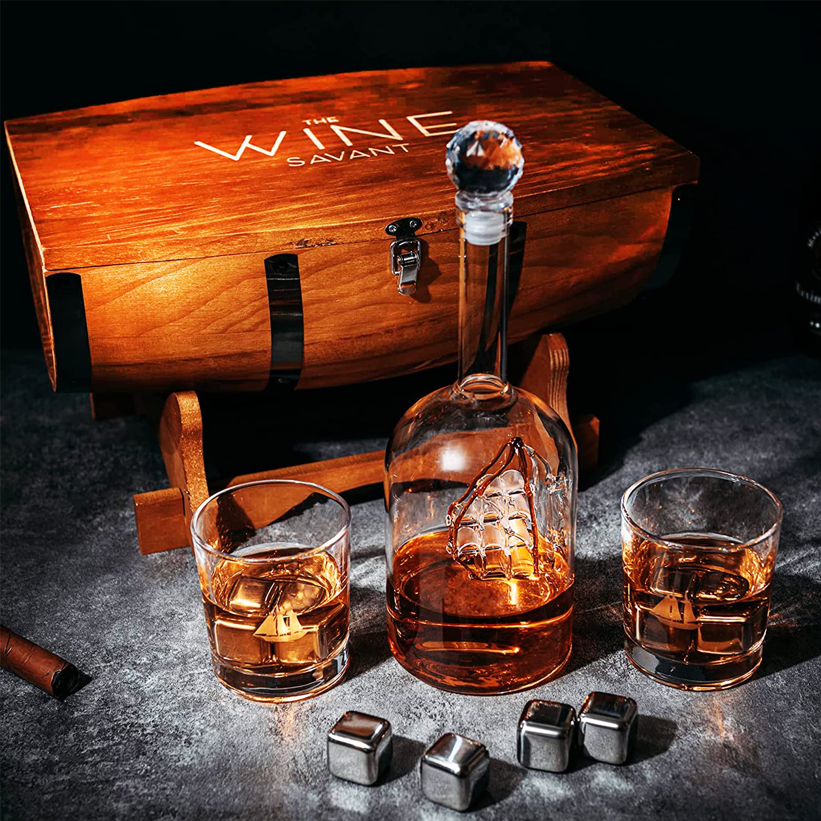 Premium Whiskey Gift Set for Men - Handcrafted Wooden Decanter Box with 8 Chilling Stones & 2 Glasses | Bourbon & Scotch Accessories | Ideal for Dads, Boyfriends, Anniversary & Birthday Gifts | Home Bar, Man Cave & Office Decor (16