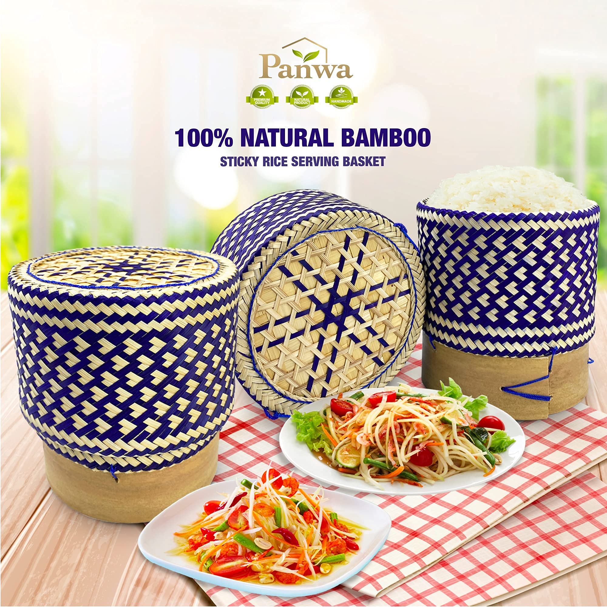 PANWA 100% Handmade Bamboo Sticky Rice Serving Basket - Traditional Thai Kratip Container with Natural Vegetable Dye (Butterfly Pea) | Food Safe, Eco-Friendly | Perfect for Asian Cuisine, Rice Serving & Home Decor