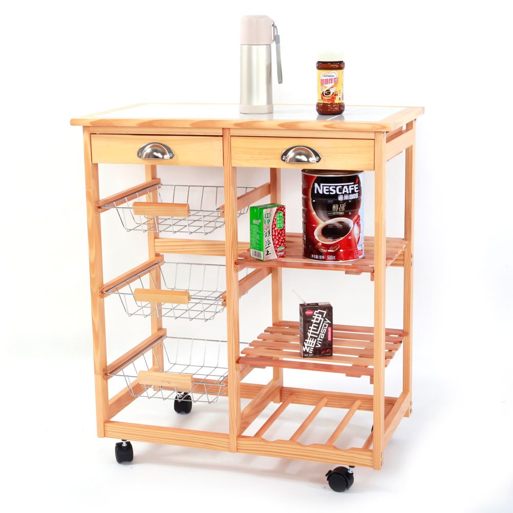 White Wooden Rolling Utility Cart with 2 Drawers & 3 Baskets - Mobile Kitchen Storage Cart with Wine Rack, Microwave Stand & Wheels for Dining Room, Living Room & Small Space Organization