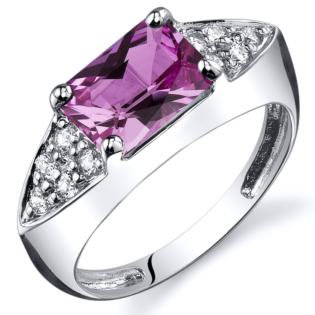 Peora Sterling Silver Pink Sapphire Statement Ring - Elegant Linear Design, 8x6mm Radiant Cut, 2 Carats Total, Comfort Fit (Sizes 5-9) - Perfect for Weddings, Anniversaries & Special Occasions