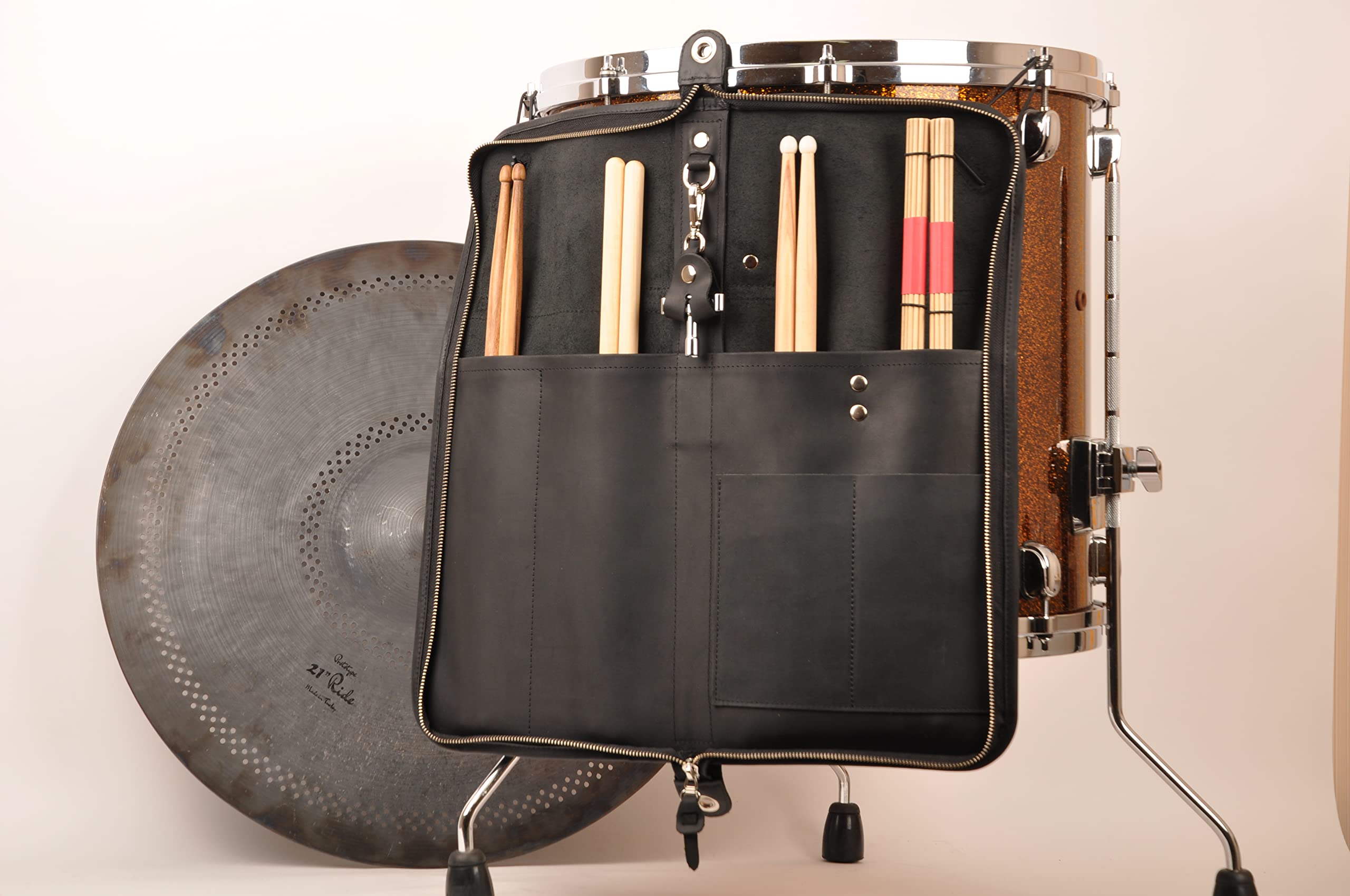 Handmade Genuine Leather Drumstick Bag with Drum Key Holder - Large Black Drum Stick Case for Drummers, Perfect for Gig, Practice & Travel